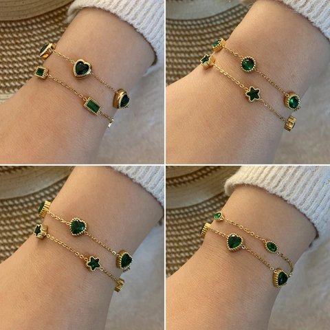 Emerald Green Heart And Star Double Layer Bracelet Stainless Steel Gold Plated Vintage Elegant Hand Jewelry For Women