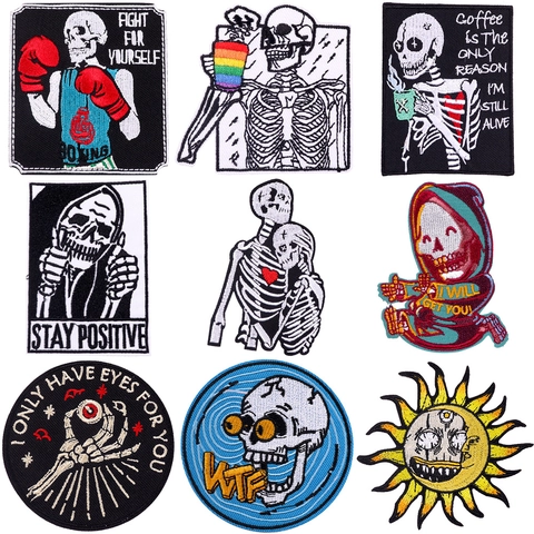 Punk Skelett Bestickte Aufnäher Zum Aufbügeln Totenkopf Sonne Mond Applikationen Für DIY Jeansjacke Kleidung Taschen Deko
