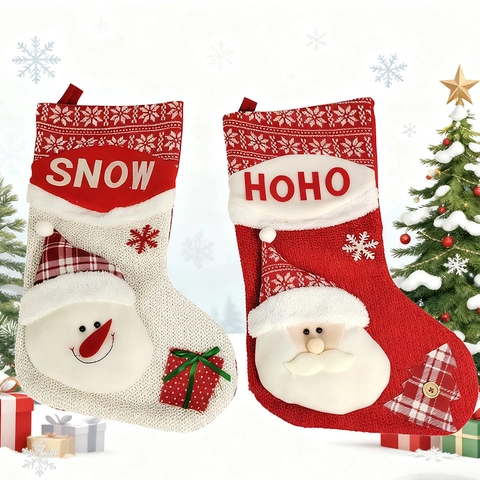 Chaussettes De Noël Tricotées Sacs À Bonbons Avec Appliques 3D Père Noël Bonhomme De Neige Décoration De Fête