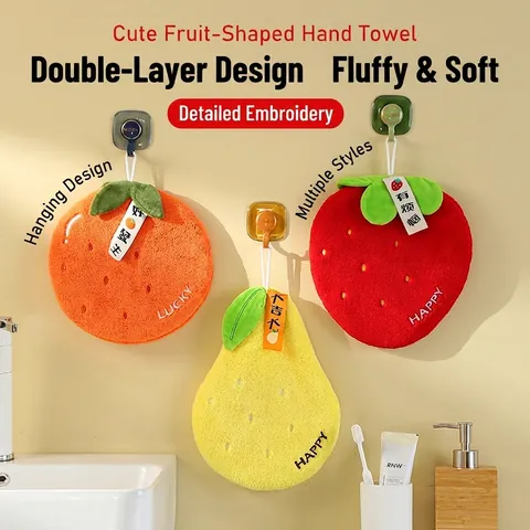 Fruit Shaped Hanging Hand Towels Soft Thickened Coral Fleece Absorbent Bathroom Kitchen Cute Embroidery