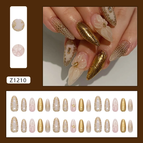 3D Floral Press On Nails Metallic Gold Glossy Almond Shape Luxury Vintage Fake Nails With Rhinestone Decoration