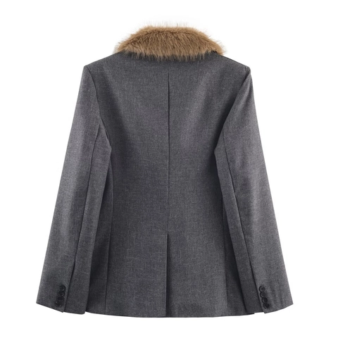 Damen Blazer Jacke Slim Fit Kunstpelzkragen Tweed Wolle Revers Einreihig Langarm Grau Wintermantel