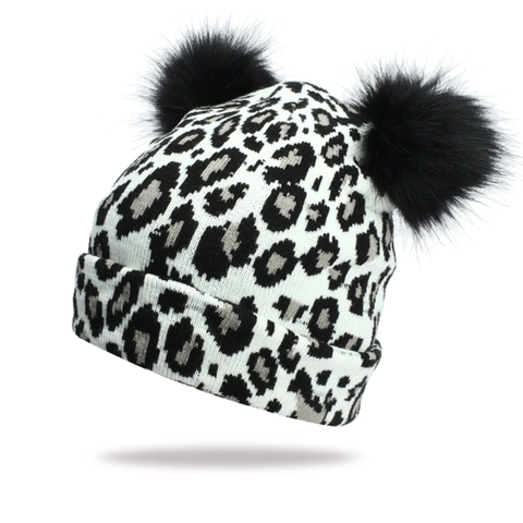 Bonnet En Tricot À Imprimé Léopard Pour Femmes Avec Double Pompons En Fausse Fourrure Bonnet D'Hiver Chaud En Acrylique