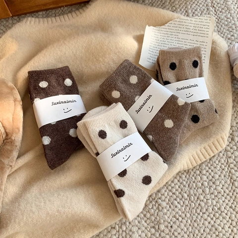 Women Polka Dot Mid-calf Socks Wool Blend Warm Thick Knit Japanese Retro Casual Breathable Soft Winter Hosiery