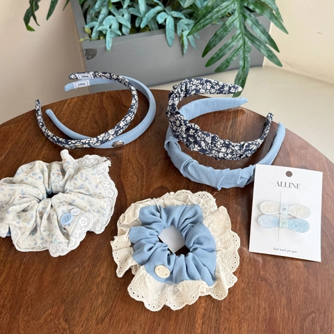 Sweet Floral Hair Accessories Blue Fabric Headband Lace Scrunchie Bow Hair Clip Women Girls Korean Style