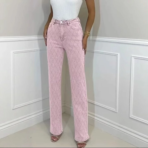 Rosa Strass Diamant Gitter Gerade Bein Hose Y2K Amerikanischen Stil Mittlere Taille Denim Hose Für Frauen