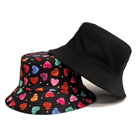 Kleurrijke Hartjesprint Vissershoed Polyester Zonbescherming Opvouwbare Zomer Outdoor Retro Stijl Voor Dames Valentijnsdag