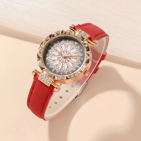 Women Quartz Watch With PU Leather Strap Alloy Heart Rhinestone Necklace Earrings Bracelet Ring Elegant Accessories