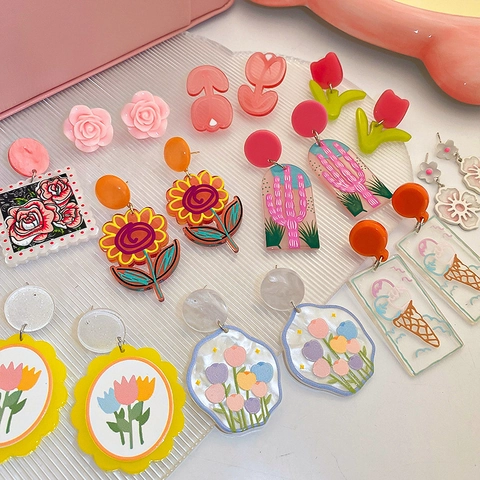 Pendientes De Flores De Colores Con Poste De Plata Acrílico Geométrico Tulipán Rosa Estilo Dulce Fresco Para Mujeres
