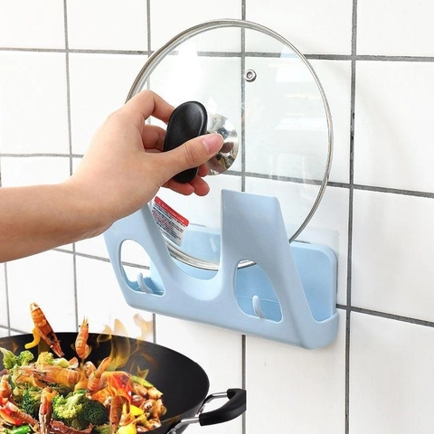Wall Mounted Pot Lid Rack Punch Free Kitchen Organizer Rotating Storage Rack For Pot Covers Cutting Boards With Hooks Plastic Home Storage Holder