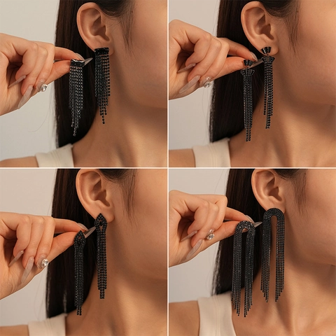 Schwarze Strass Quasten Ohrringe Mit 925 Sterling Silber Ohrstecker Kupfer Geometrische Dunkle Stil Für Frauen