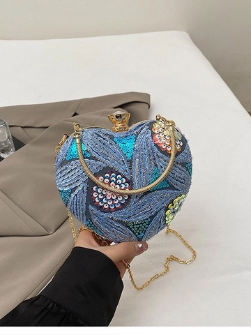 Heart Shaped Evening Bag Sequin Bead Embroidery Vintage Clutch Purse With Metal Handle And Chain Strap For Women Elegant