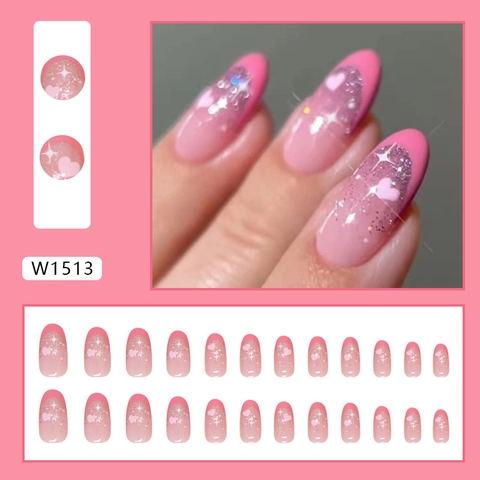 Faux Ongles Rose Dégradé Motif Cœur Paillettes Brillant Ovale Longs Pour Femmes Filles