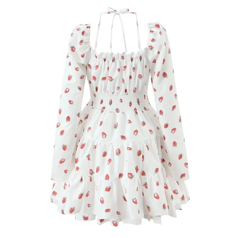 Dames Aardbei Print Pofmouwen Vierkante Hals Gelaagde Mini Jurk Cottagecore Ruffles Gesmokte Taille Zomerjurk