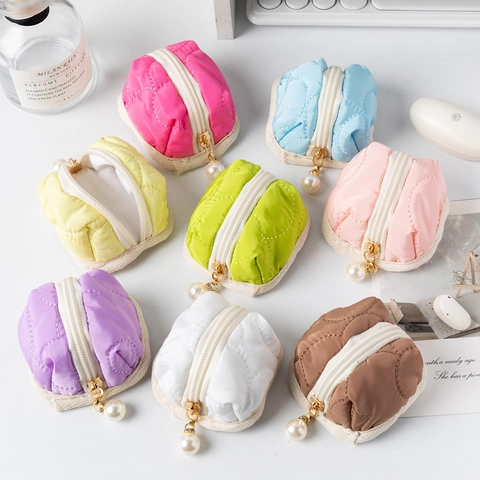 Mini Monedero De Tela Acolchada Estuche Para Auriculares Con Colgante De Perla Artificial Colores Macarrón Bolsa De Almacenamiento Portátil