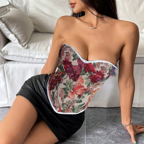 Top Corsetto Jacquard Floreale Vintage Senza Spalline Stringato Stecche Gilet Aderente Da Donna