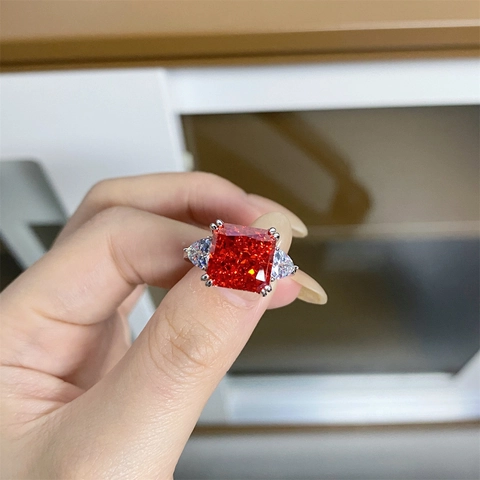 Radiant Schliff Quadratisch Bunt Strass Ring 925 Sterlingsilber Ring Damen Elegant Geometrisch Drei Steine Schmuck Geschenk