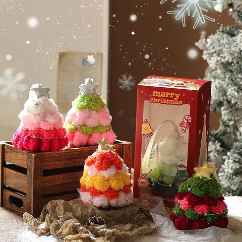 Plush Christmas Tree Hanging Ornament Layered Knit Ball Desktop Decor Star Top Beaded Chain Festive Atmosphere Pendant