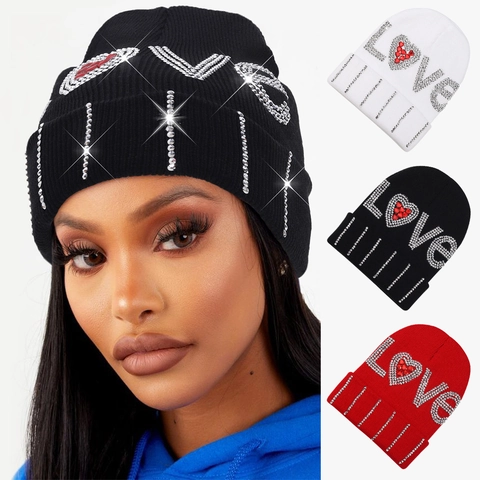 Women Men Winter Knit Beanie Hat Acrylic Warm Rhinestone LOVE Letter Heart Design Fashion Accessory