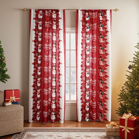 Christmas Curtains Polyester Printed Blackout Holiday Window Drapes Winter Snowman Pattern Home Decor