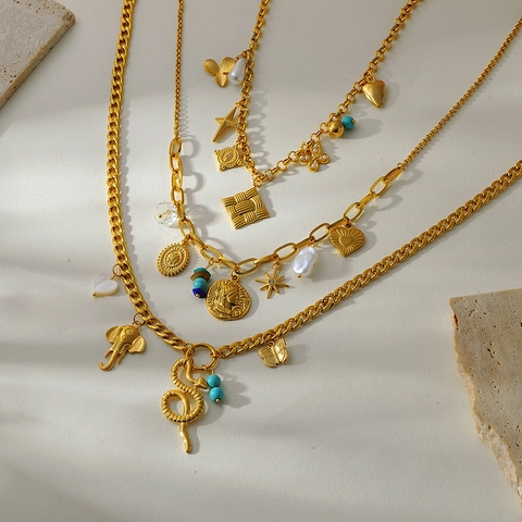 304 Stainless Steel Multi Pendant Necklace Vintage Gold Plated Bohemian Heart Butterfly Snake Coin Artificial Pearl Turquoise Star