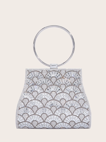 Damen Strass Abendtasche Clutch PU Fächerförmige Geometrische Bankett Handtasche Mit Rundem Metallgriff Kette Party Abschlussball Tasche