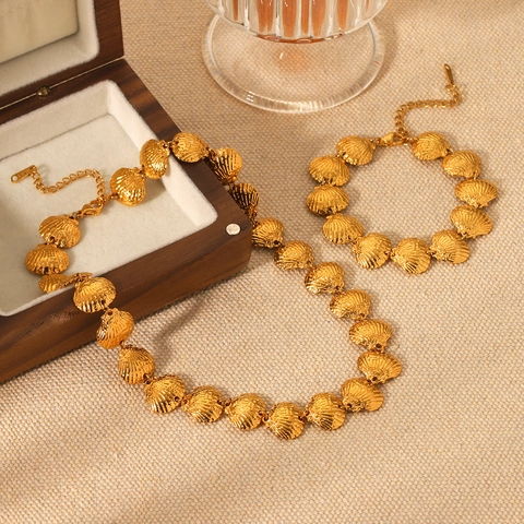 Collier Et Bracelet Coquille Style Océan Acier Inoxydable Plaqué Or 18K Bijoux Tendances Et Élégants Pour Femmes