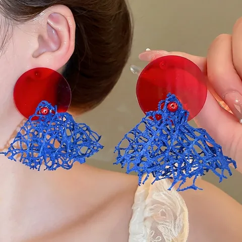 Σκουλαρίκια Με 925 Sterling Silver Earring Post Κόκκινο Ακρυλικό Μπλε Πλέγμα Αντίθεση Χρωμάτων Vintage Για Γυναίκες