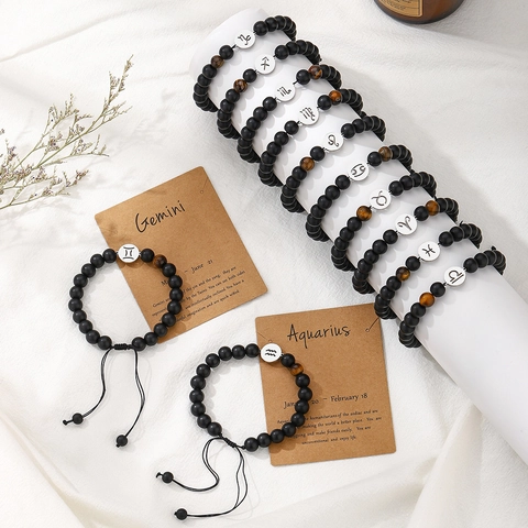 Twelve Zodiac Sign Constellation Bracelet Matte Black Beads Tiger Eye Charm Handmade Woven Adjustable Rope Unisex