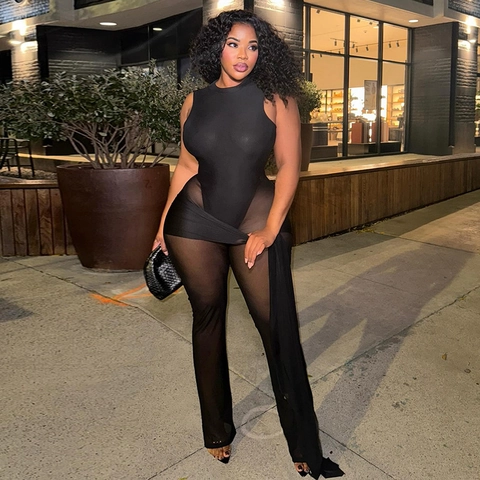 Women Jumpsuit Sleeveless Mesh Sheer Backless Slim Fit Sexy Streetwear Black Bodycon Long Pants