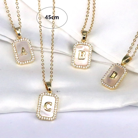 Initial Alphabet Pendant Necklace 18K Gold Plated Copper Mother Of Artificial Pearl Zircon Square Medallion Hip Hop Jewelry Women