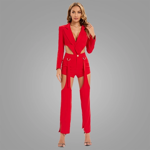 Sexy Dames Blazer En Lange Broek Polyester Cut Out Effen Kleur Streetwear Mode Pak