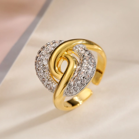 Anillo Abierto De Cobre Chapado En Oro Lujo Micro Pave Circon Geometrico Irregular Joyeria Ajustable Para Mujeres