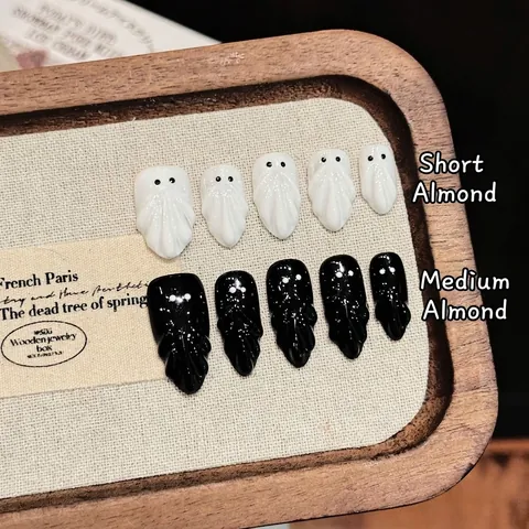 Unghie Finte Halloween Fantasma Rilievo 3D Cartone Animato Mandorla Fatte a Mano Nero Bianco Manicure per Festa Donna