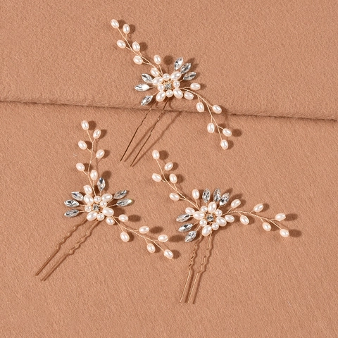 Bridal U-Shaped Hair Pins Artificial Pearl Rhinestone Flower Leaf Wedding Hair Accessories For Women Handmade