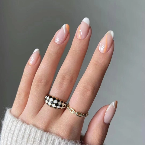 Unghie Finte Francesi Forma A Mandorla Design A Spirale Bianco E Arancione Unghie Artificiali Lucide Manicure Elegante Per Donne