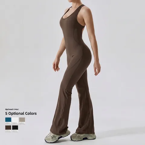 Women Sleeveless Backless Yoga Jumpsuit Nylon Spandex Brushed Fabric Flare Pants Tummy Control Activewear Unitard