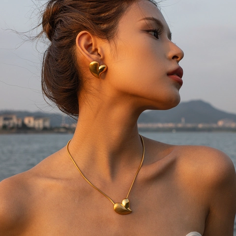 Collar Y Pendientes De Corazón De Acero Inoxidable Chapado En Oro De 18k Cepillado Pulido Joyas Para Mujer
