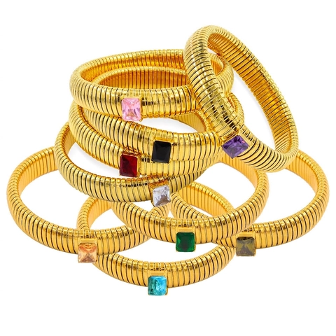 Vintage Tubogas Elastic Bangle Bracelet Stainless Steel 18K Gold Plated Rectangle Cubic Zirconia Minimalist Jewelry Women