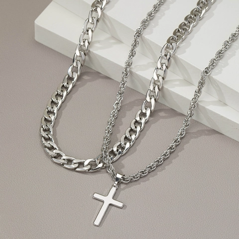 Double Layer Necklace With Cross Pendant Alloy Cuban Link And Rope Chain Hip Hop Punk Jewelry For Men