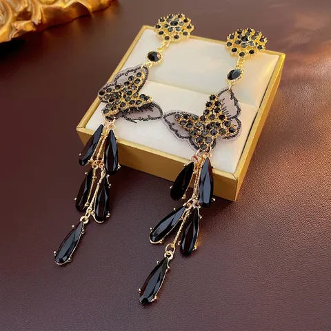 Luxury Long Tassel Earrings Butterfly Bow Black Rhinestone Crystal Dangle With 925 Sterling Silver Earring Post Vintage