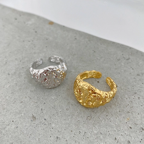 Irregular Hammered Texture Adjustable Ring 925 Sterling Silver Minimalist Lava Design Aesthetic Jewelry For Women
