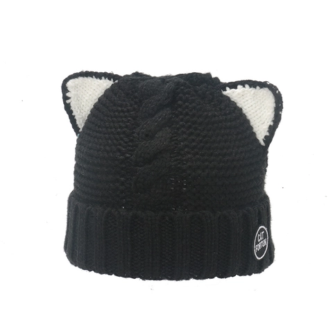 Women Winter Cat Ear Knitted Beanie Hat Warm Cable Knit Acrylic Cuff Skull Cap Thermal Outdoor Cold Weather