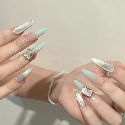 Gradient Katzenauge Mandel Aufpressnägel Lang Künstliche Fingernägel Mit Strasssteinen Eleganter Süßer Stil Für Damen