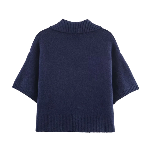 Maglione In Maglia A Maniche Corte Da Donna Tasche Rosse A Contrasto Colletto Polo Finiture A Costine Top Casual Blu Navy
