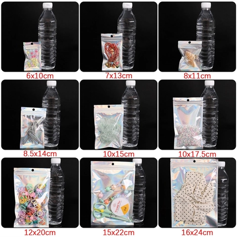 Holographic Laser Self Sealing Bags Iridescent Jewelry Packaging Pouches Transparent PET Plastic Zip Lock With Hanging Hole