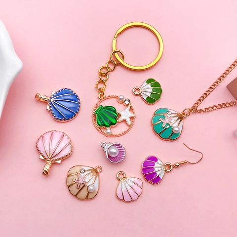 Ocean Theme Shell Starfish Charms Alloy Enamel Drip Oil With Faux Artificial Pearl Rhinestone For DIY Jewelry Making Crafts