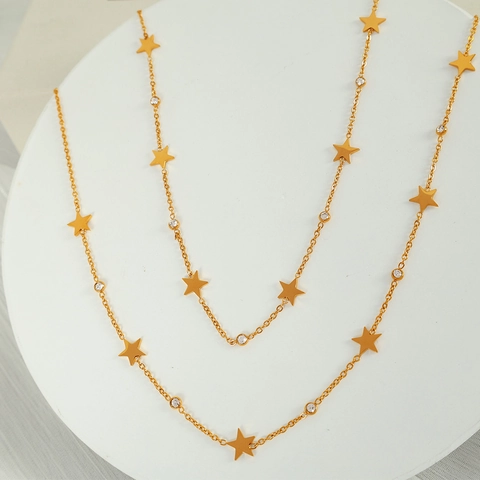 Minimalist Titanium Steel Star Pendant Necklace For Women Elegant Gold Plated Zirconia Inlaid Choker Clavicle Chain