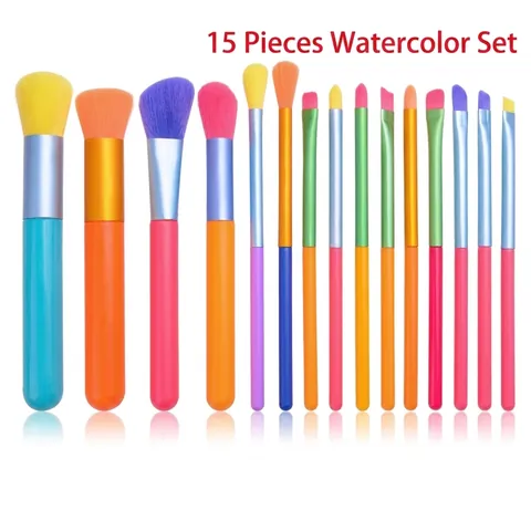 Make Up Kwasten Kleurrijk Regenboog Synthetische Vezel Handvat Kunststof Aluminium Buis Cosmetische Tools Met Holografische Tas