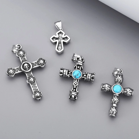 Vintage Kruis Hanger Ketting Roestvrij Staal Met Turquoise Religieuze Jezus Gezicht Gotische Punk Stijl Voor Heren
